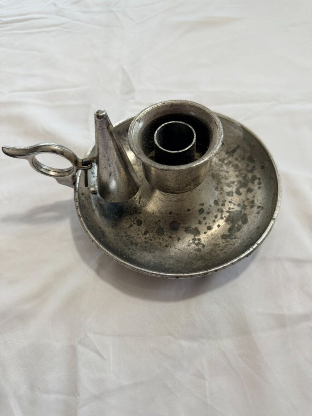 Vintage Pewter Chamberstick Candle Holder With Snuffer Rustic Patina 4.75" Diame